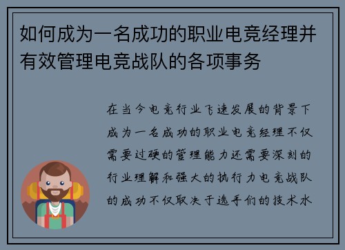 如何成为一名成功的职业电竞经理并有效管理电竞战队的各项事务